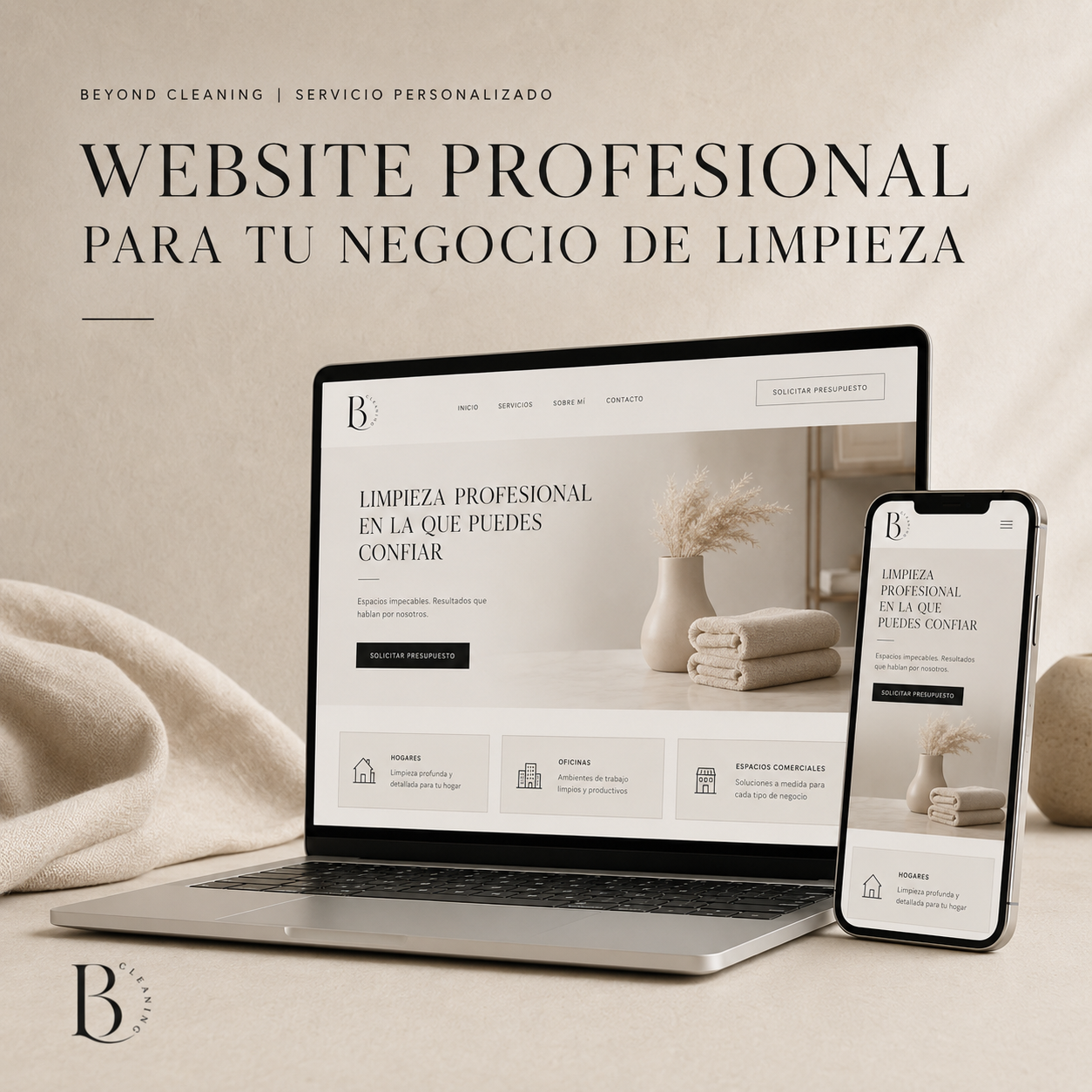 Vista del website de demostración de Beyond Cleaning en laptop y celular